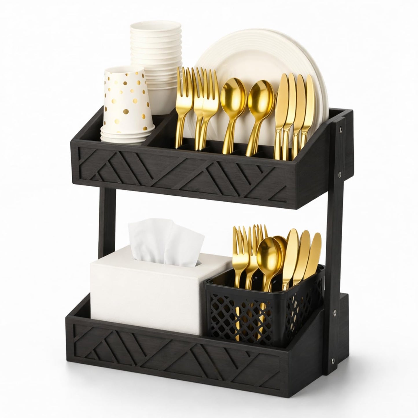 Geelin 2 Tier Paper Plate Dispenser Wood Rustic Paper Plate Holder for Countertop Silverware Utensil Caddy Cutlery Flatware Organizer Rack for Cups Spoons Forks Napkins, Kitchen Accessories, Black