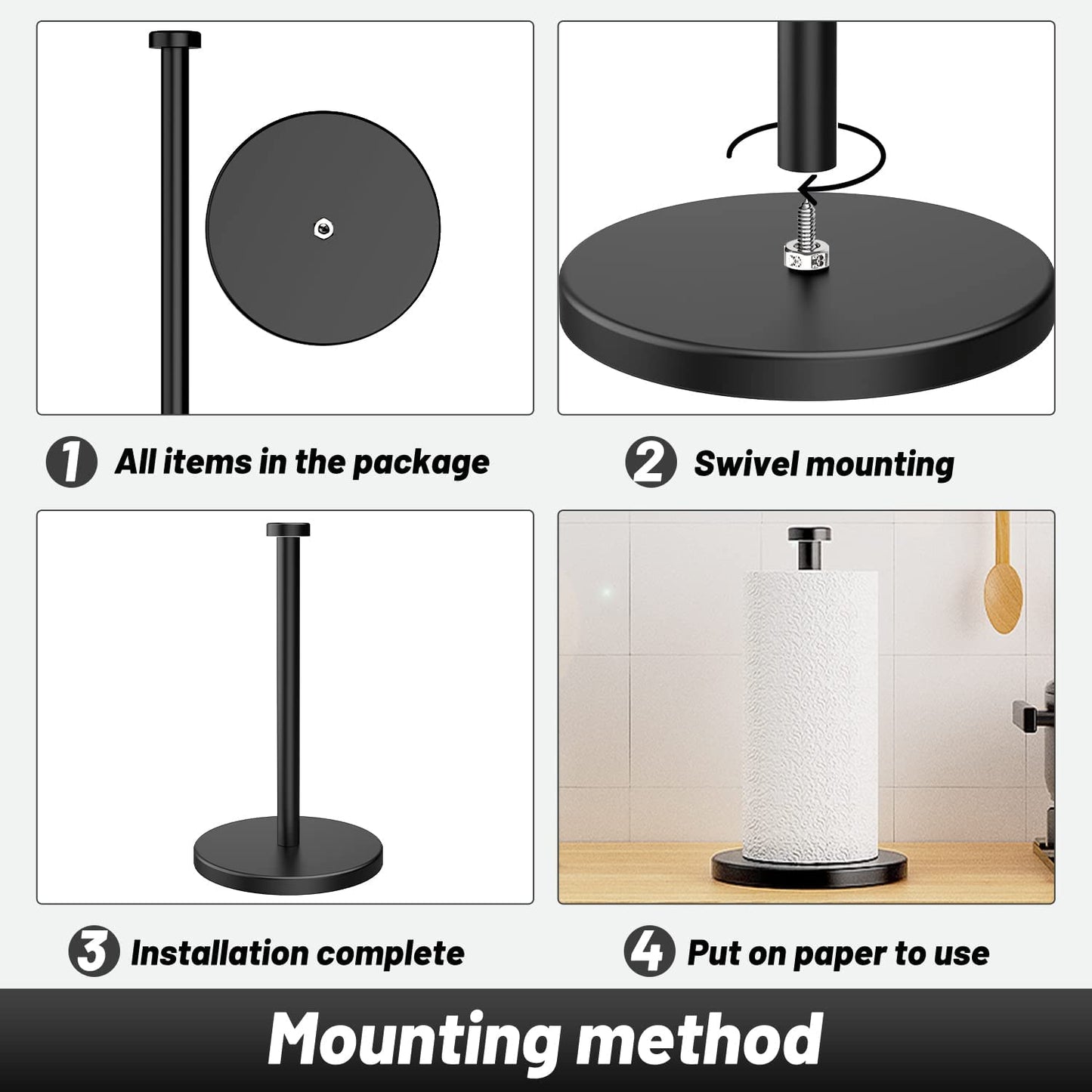 VEHHE Paper Towel Holder Countertop, Weighted Non-Slip Base, Stainless Steel Paper Towel Holder for Kitchen Bathroom (Black)
