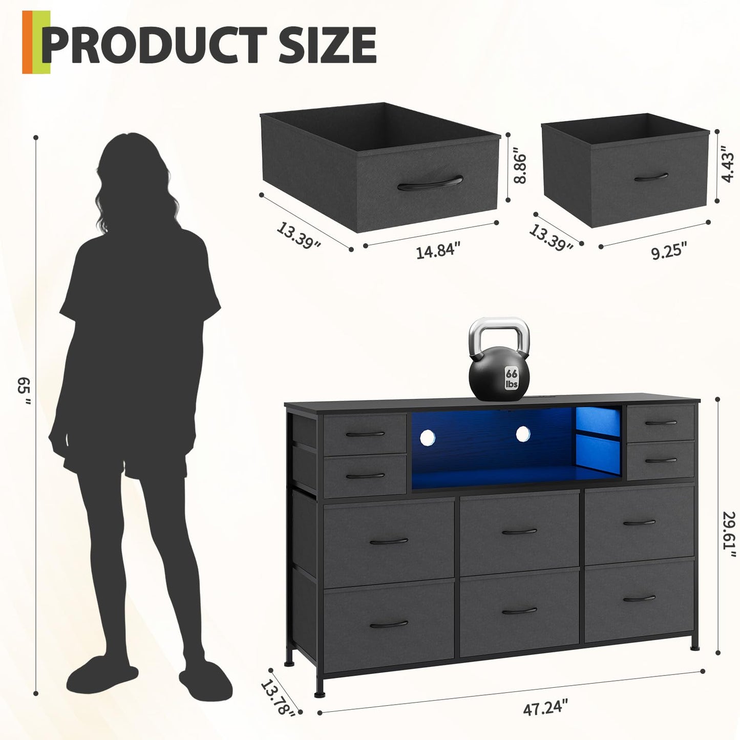 GarveeHome Dresser for Bedroom with 10 Fabric Drawers, TV Stand with LED Light & Charging Station for 45, 50, 55 Inch TV, Sturdy Long Chest of Drawers with Open Shelf & Wooden Top, Grey