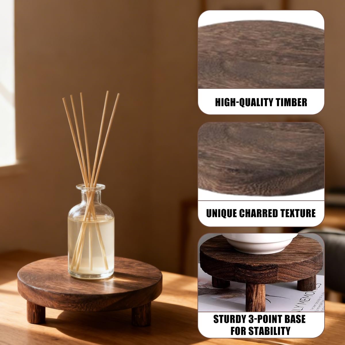 Vankcp 2 Pack Wood Riser Set, 7.8 Inch Natural Wooden Display Stand for Plants Candles Jewelry, Sturdy Elevated Plant Stand with Foot Pads for Kitchen Living Room Bathroom, Rustic Home Decor Gift (Dark Brown)