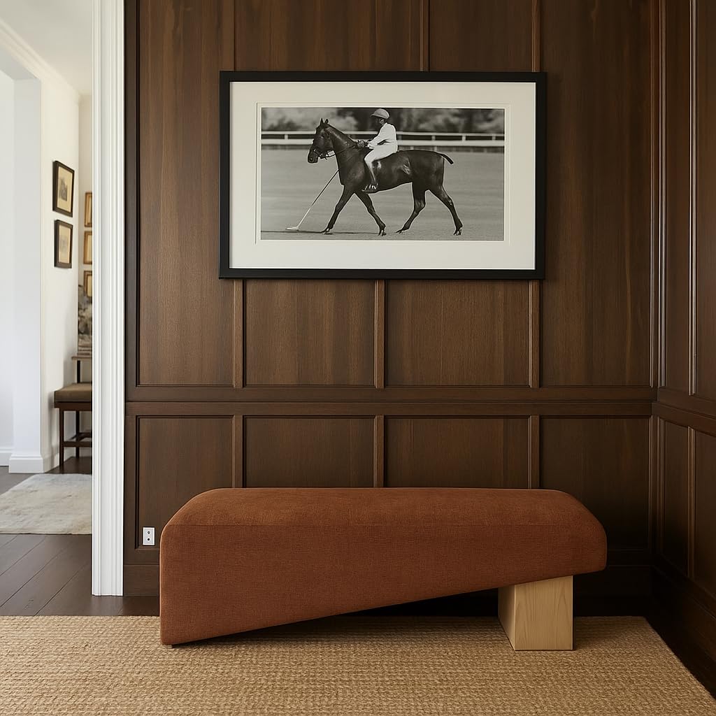 Meridian Furniture 22057Cognac Alora Collection Art Deco Bench with Soft Cognac Polyester Fabric, Natural Finish Solid Wood Frame, 60.5" W x 18" D x 18" H, Cognac