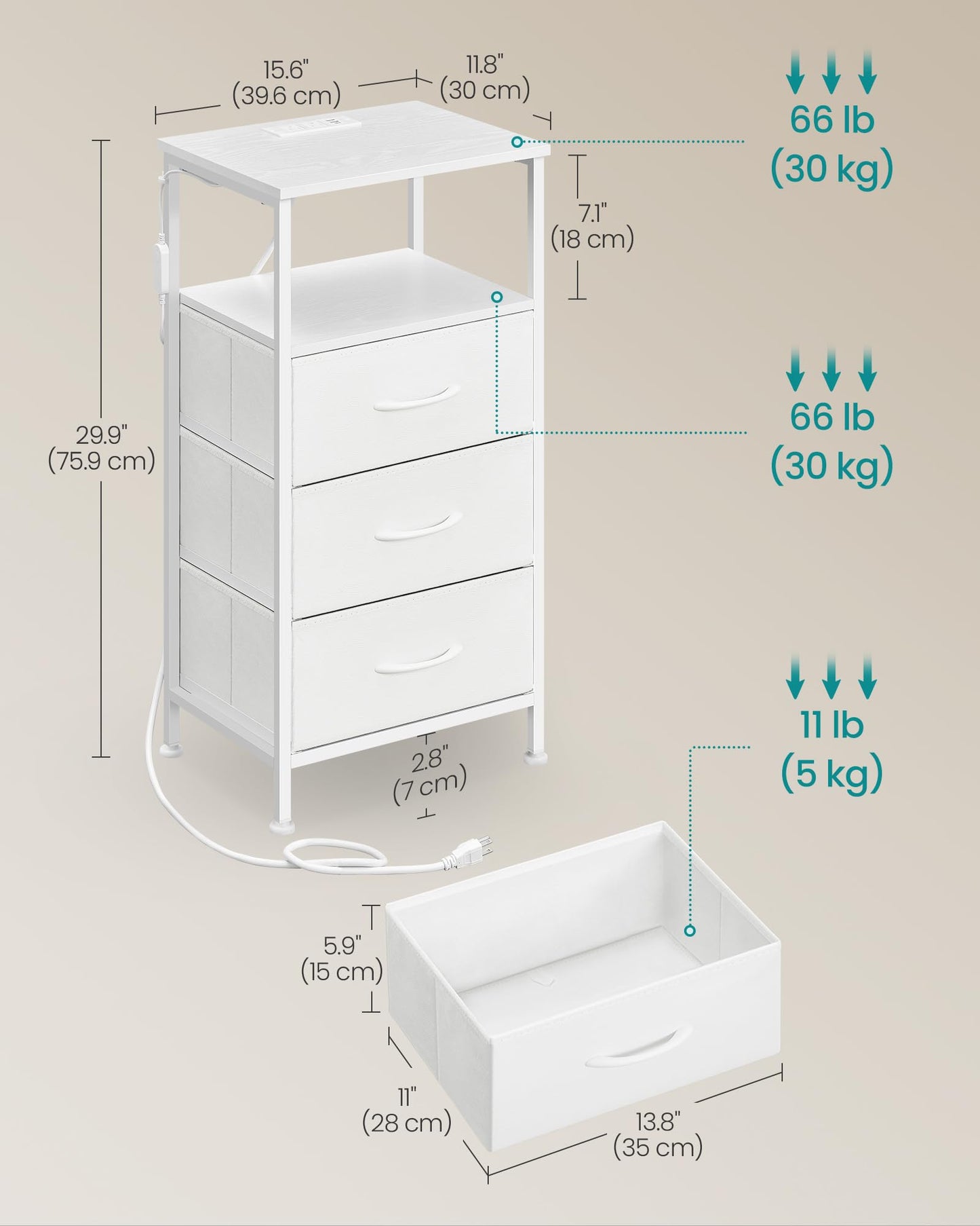 SONGMICS BELLAH Collection - Nightstand with Charging Station and App-Controlled Adjustable LED Lights, Bed Side Table, 3 Drawers and 1 Open Shelf, Modern, Cloud White and Snow White ULGS303WH01S
