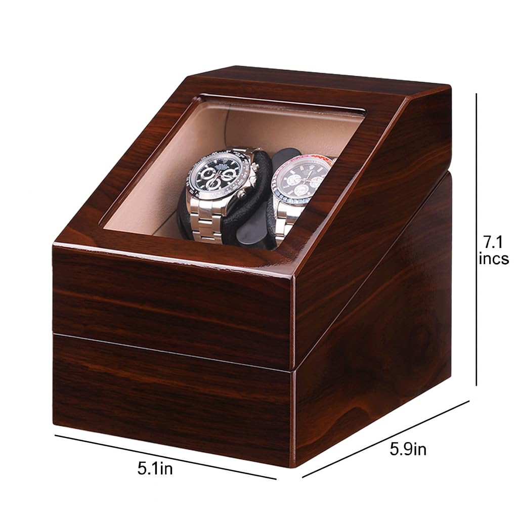Mineesi Watch Winder Box for Automatic Watches, 2-Watch Winder with Quiet Motor, Handcrafted Piano-Finish Wooden Watch Winder Spinner Box with 2 Storage Case for Men's and Women's Watches (Ebony)