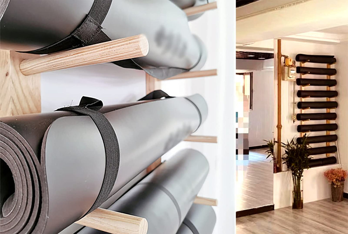 Yoga Mat Holder 9 Layer Wood Yoga Mat Holder for Commercial Gym, Wall Mount Home Yoga Mat Storage Racks for Hanging Exercise Mats, Freestanding Display Shelf