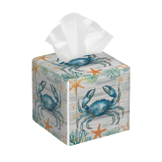 Tissue Box Cover PU Leather Square Tissues Holder Ocean Blue Crab On Wooden Decorative Facial Paper Organizer Dispenser for Bedroom Bathroom Vanity,Home Office Car