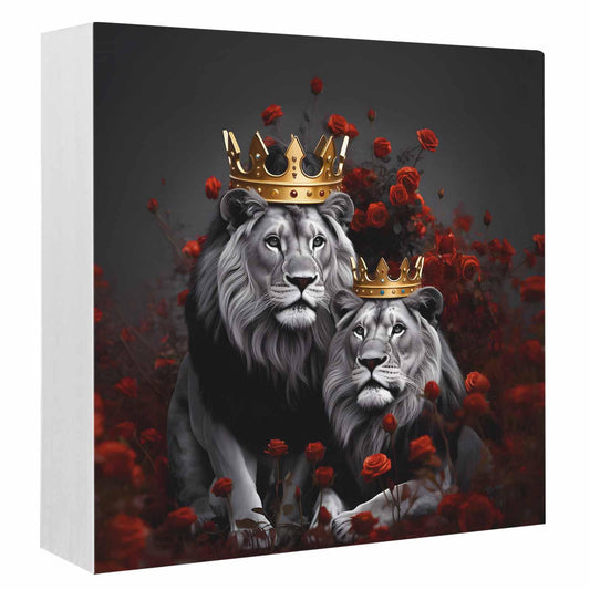Wood Box Sign Desk Decor Lions King Red Rose Flower Square Boxes Sign, Crowns Black Animal Art Wooden Block Box Sign Decoration for Home Wall Tabletop Shelf Office Decor,6x6IN