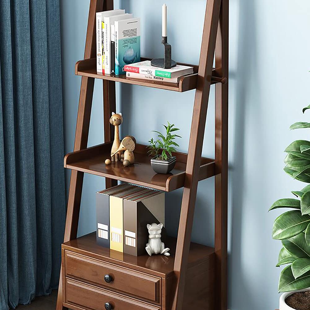 Wddwymll 2-Tier Ladder Shelf Industrial Bookcase,Storage Display Shelving with Drawer and 2 Shelves,Leaning Rustic Bookcases,for Living Room,Bedroom,Office(60×35×140cm)