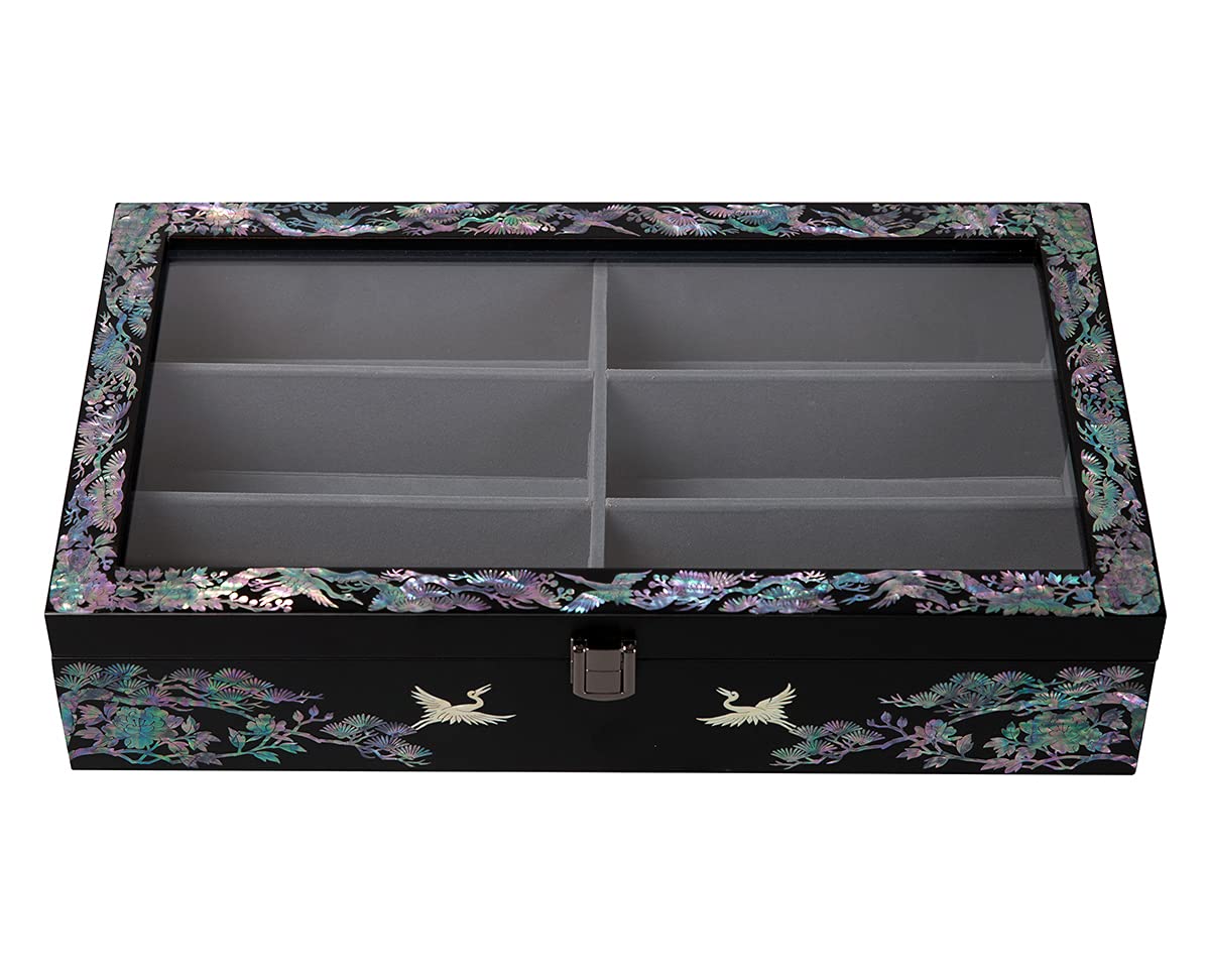 Antique Alive Mother of Pearl Wood Sunglasses Box Eyeglasses Valet Display Storage Case for Glasses, Watches, Jewelry, Trinkets Wooden Accessory Organizer Gift (Crane & Pine Glass Black)
