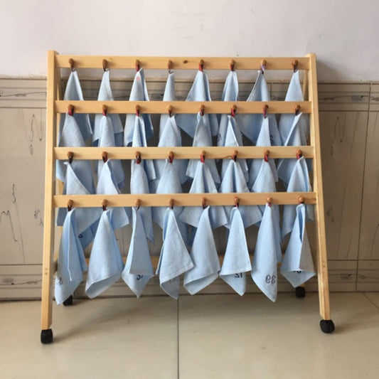 Doorhighpeak Multi-Purpose Towel Rack Rolling Hand Towel Holder, School/Kindergarten/Barbershop Washcloths Holder Storage Stand with 40 Hooks, Wooden Storage Organizer Display Rack on Wheels