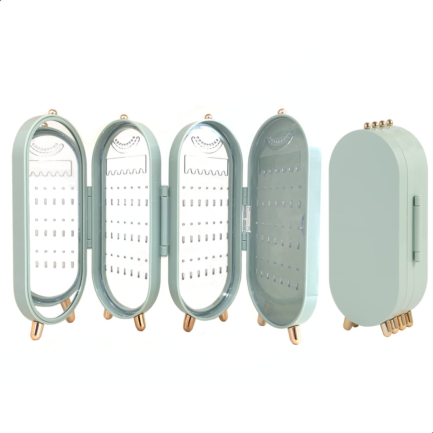 Lejesth Foldable Earring Holder Jewelry Organizer Box with Mirror, 4-Layer Dustproof Earring Necklace Display Stand Jewelry Box with 153 Holes for Women and Girls, Gifts for Girl (Light Green)