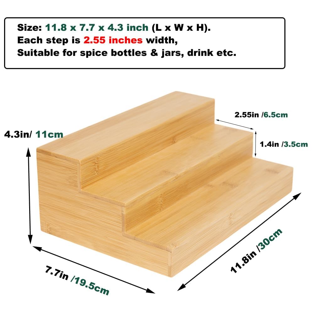 Ninebendstreams 2 Pack Bamboo Spice Rack Organizer for Cabinet Wooden Spice Shelf for Kitchen Pantry Storage Organizer 3 Tier Countertop