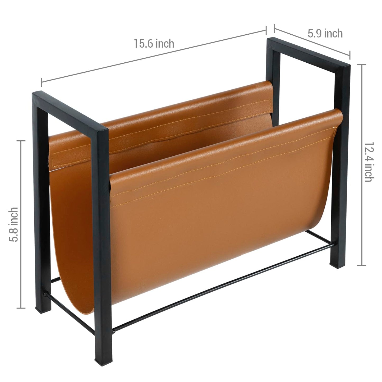 MyGift 15 Inch Modern Caramel Leatherette Magazine Holder with Rectangular Black Metal Frame, Floor Standing Faux Leather Book Storage Newspaper Rack, Home Bathroom Decor