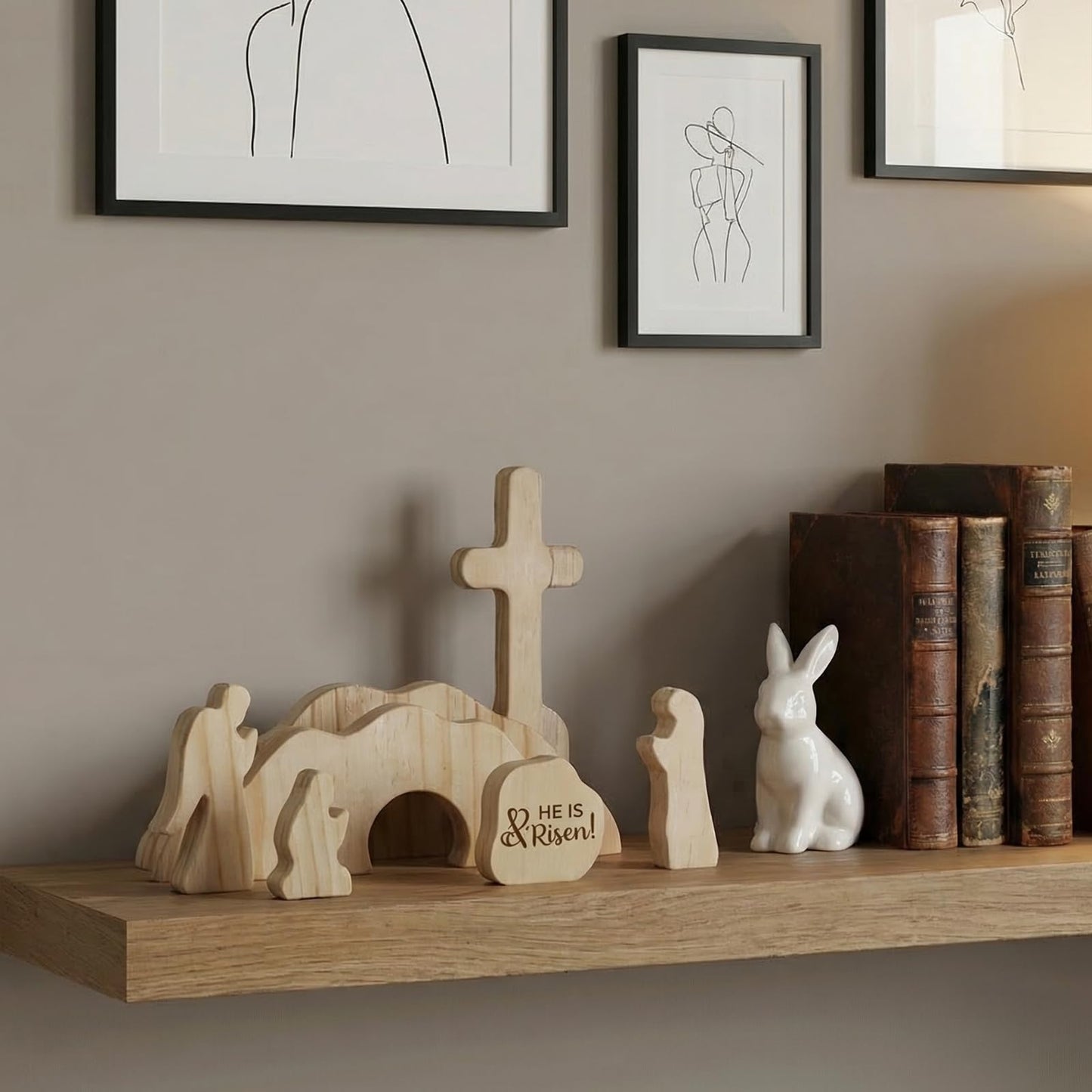 GRECOMEIN He is Risen Wooden Easter Resurrection Scene, Handcrafted Solid Wood Empty Tomb Set with Rolling Stone and Cross, Christian Religious Decor, Catholic Gifts