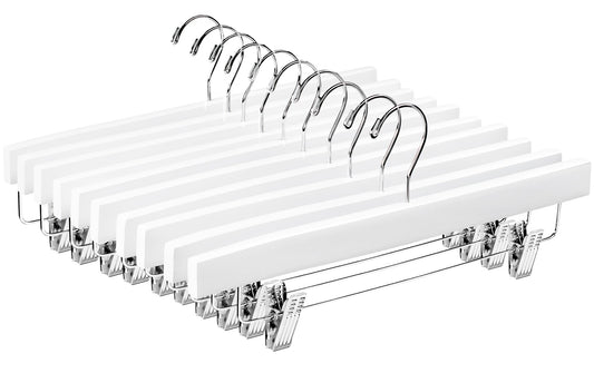 ZOBER Wooden Pants Hangers with Clips - 10 Pack Premium Wood Skirt Hangers for Women, Heavy Duty Wooden Hanger with Adjustable Metal Grip Clips for Jeans and Shorts, Smooth Finish White