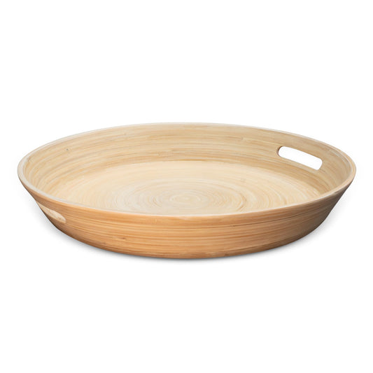 LEXA 15.7" Bamboo Round Serving Tray with Handles – Large Handcrafted Wooden Tray for Food, Ottoman, Coffee Table, Kitchen, or Charcuterie, Natural