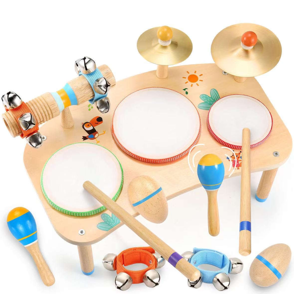 WINGYZ 11-in-1 Toddler Drum Set-Low Noise Wooden Baby Musical Instruments for Toddlers 1-3 & Montessori Musical Toys,Music Table with Bongo Drums, Cymbals, Maracas & Wrist Bells for Early Rhythm Play
