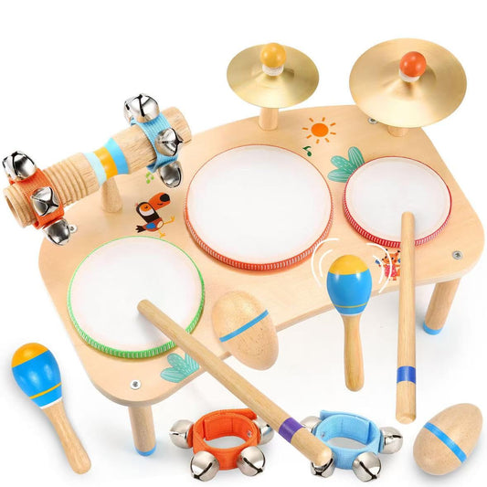 WINGYZ 11-in-1 Toddler Drum Set-Low Noise Wooden Baby Musical Instruments for Toddlers 1-3 & Montessori Musical Toys,Music Table with Bongo Drums, Cymbals, Maracas & Wrist Bells for Early Rhythm Play