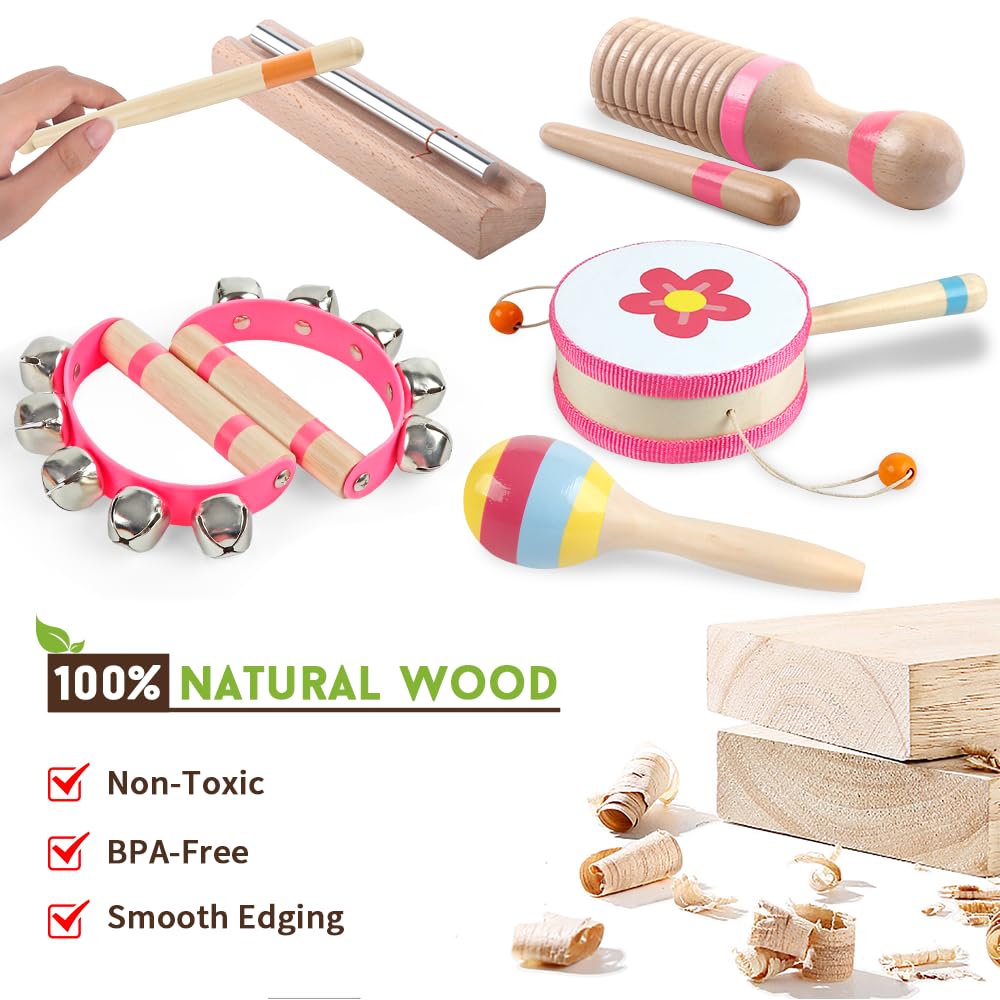 Toddlers Musical Instruments for 18 Month+ Girl,Baby Montessori Wooden Musical Toys for Toddlers,Kids Musical Toy for Preschool,Christmas Birthday Gift for Baby Girls Pink 8 in 1