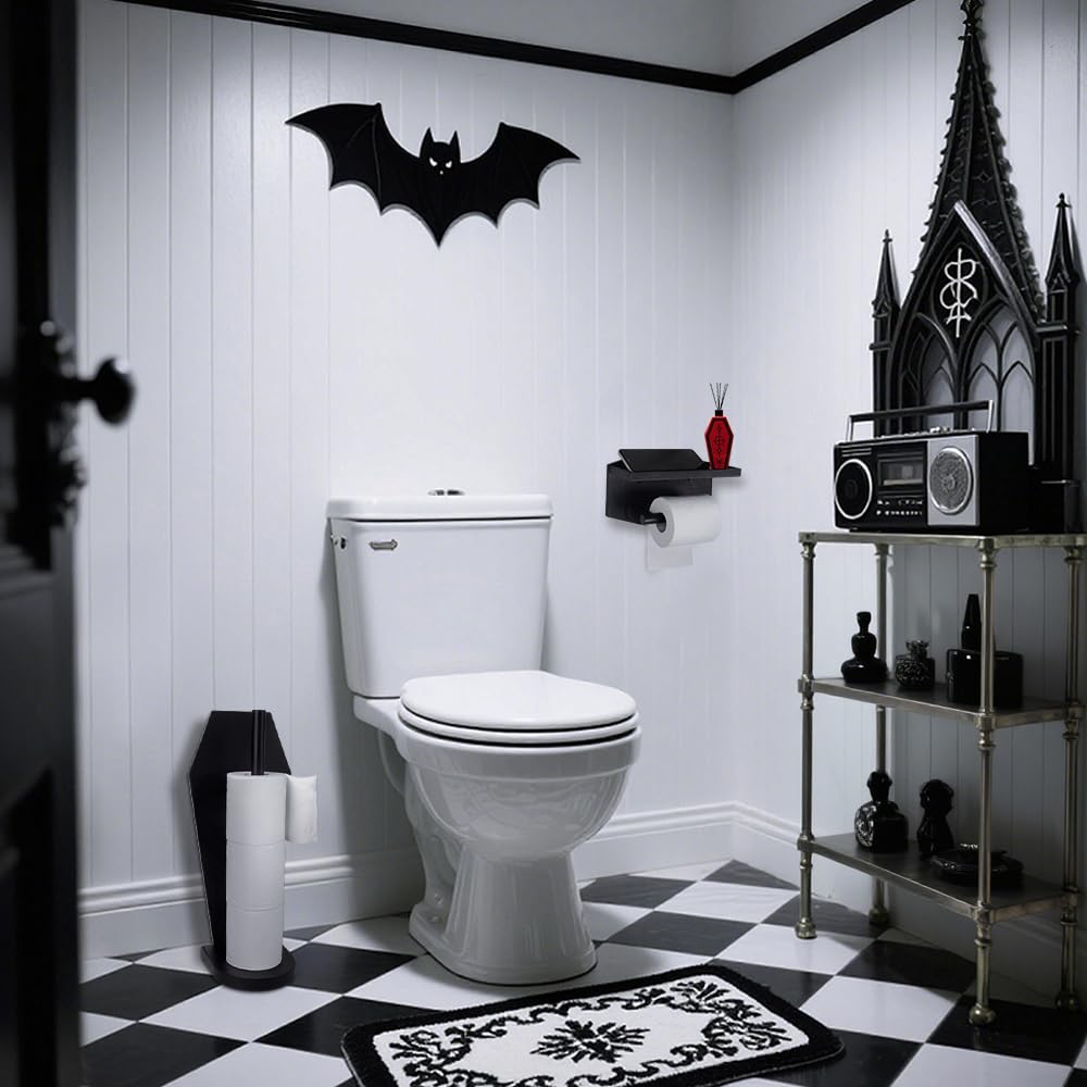 Gothvanity Gothic Coffin Toilet Paper Holder with Shelf - Matte Black Spooky Dark Aesthetic Bathroom Decor, Wooden Space-Saving Paper Roll Storage