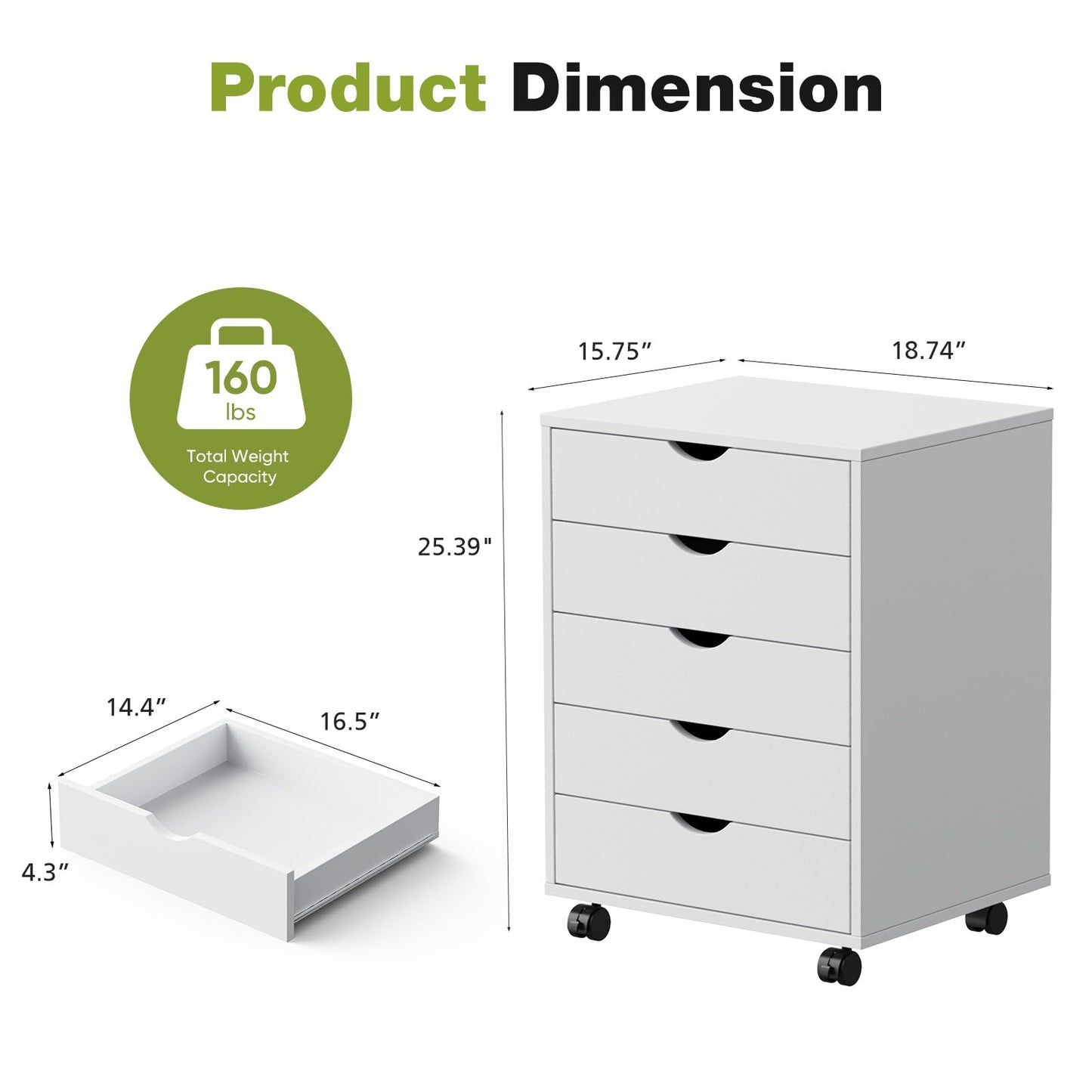 Sweetcrispy 5 Drawer Chest Mobile Storage Cabinets Small Wooden Dresser with Wheels Room Organization Furniture for Office Home, Rolling Vertical Organizer for Home Office, White Wood