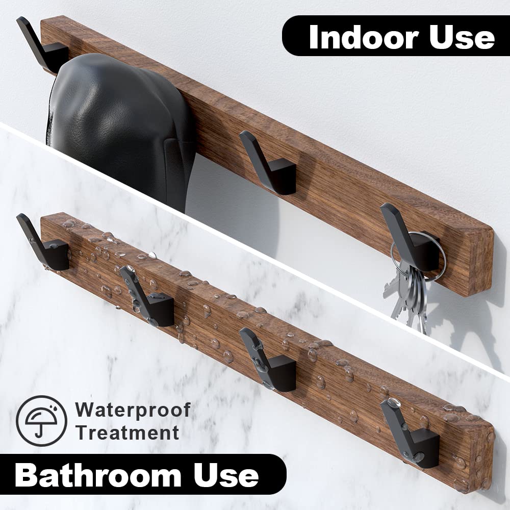 IURRDOP 17 Inch Walnut Wood Wall Mounted Coat Rack with 4 Black Hooks, Adhesive Mounted Entryway Hooks, Modern Natural Wooden Pegs for Hanging Coat Clothes Hat Bag Purse Key and Towel