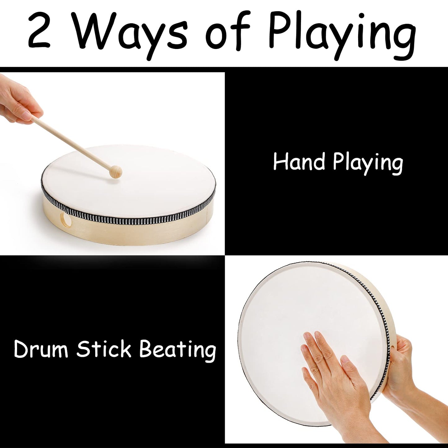 Foraineam 4 Pack Hand Drum 12 Inch 10 Inch 8 Inch 6 Inch Wood Drum Set Musical Percussion Instrument Wooden Frame Drum with Wooden Drum Sticks for Home Party Supplies