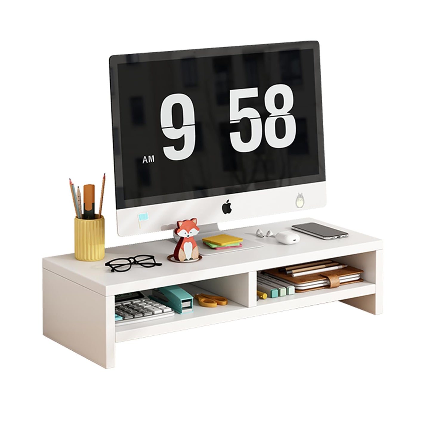 Aivernses Monitor Stand for Desk, Wooden Computer Monitor Riser with Storage, 2-Tier Desktop Monitor Stand, Laptop Stand for Home Office, Study Desk, White, 19.5 Inches