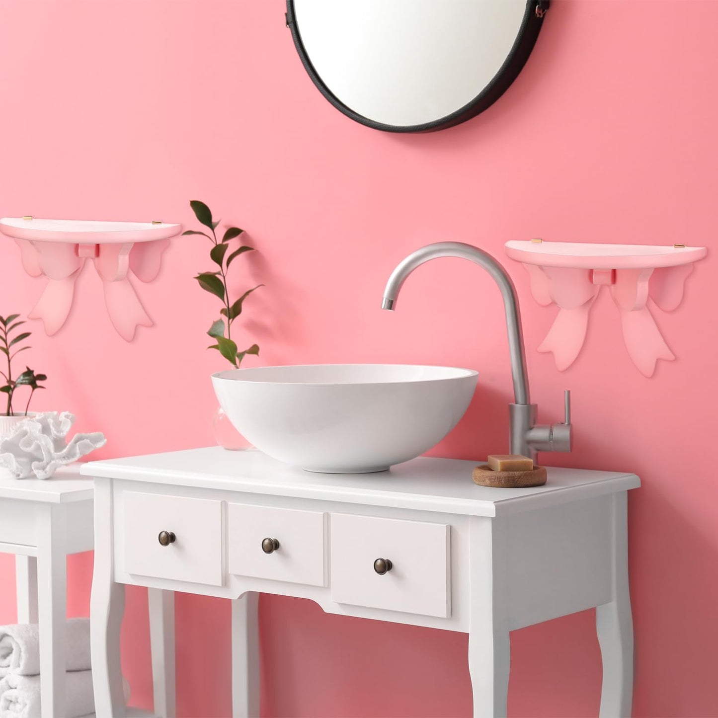 Pinkunn 2 Pcs Bow Floating Shelves Kawaii Shelf Book Stand Farmhouse Rustic Corner Wall Shelf Wooden Bow Tie Rack Princess Room Decor for Nursery Home Bedroom Office Wall Decor(Pink)