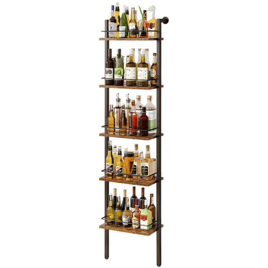 YMYNY 5-Tier Freestanding Wine Racks，Liquor Bottle Display Shelf with Fences, Wall Mounted Floating Shelf Storage Stand for Kitchen, Dining Room, 16.93''L x 7.87''W x 69.68''H Vintage Brown UHWR001H