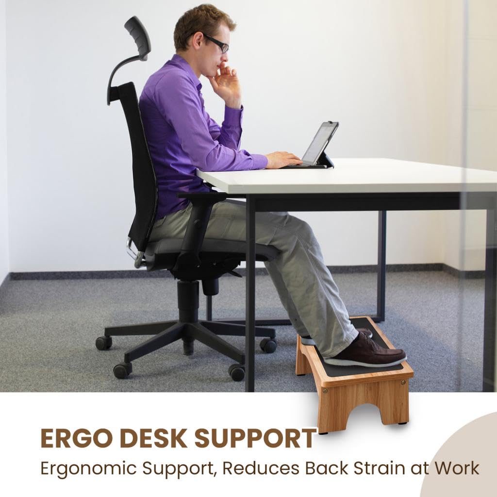 StrongTek 17″ Step Stool & 7″ Adjustable Foot Rest Set, Heavy-Duty Two-Step Wooden Stool (500 lb) + 3-Level Under-Desk Foot Stool, Non-Slip Support for Kitchen, Bed & Office