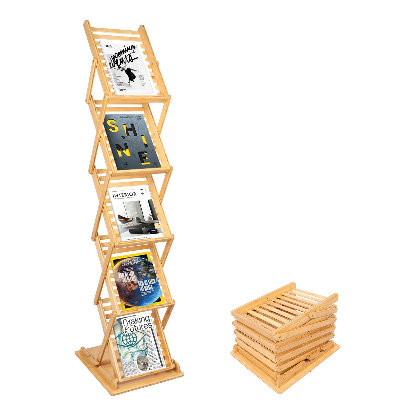 Choowin Foldable Magazine Rack Floor Stand Brochure Display Stand Literature Display Rack Holder Bamboo Wood Magazine Rack for Home Office Retail Display Exhibitions Trade Show Portable 5 Pockets