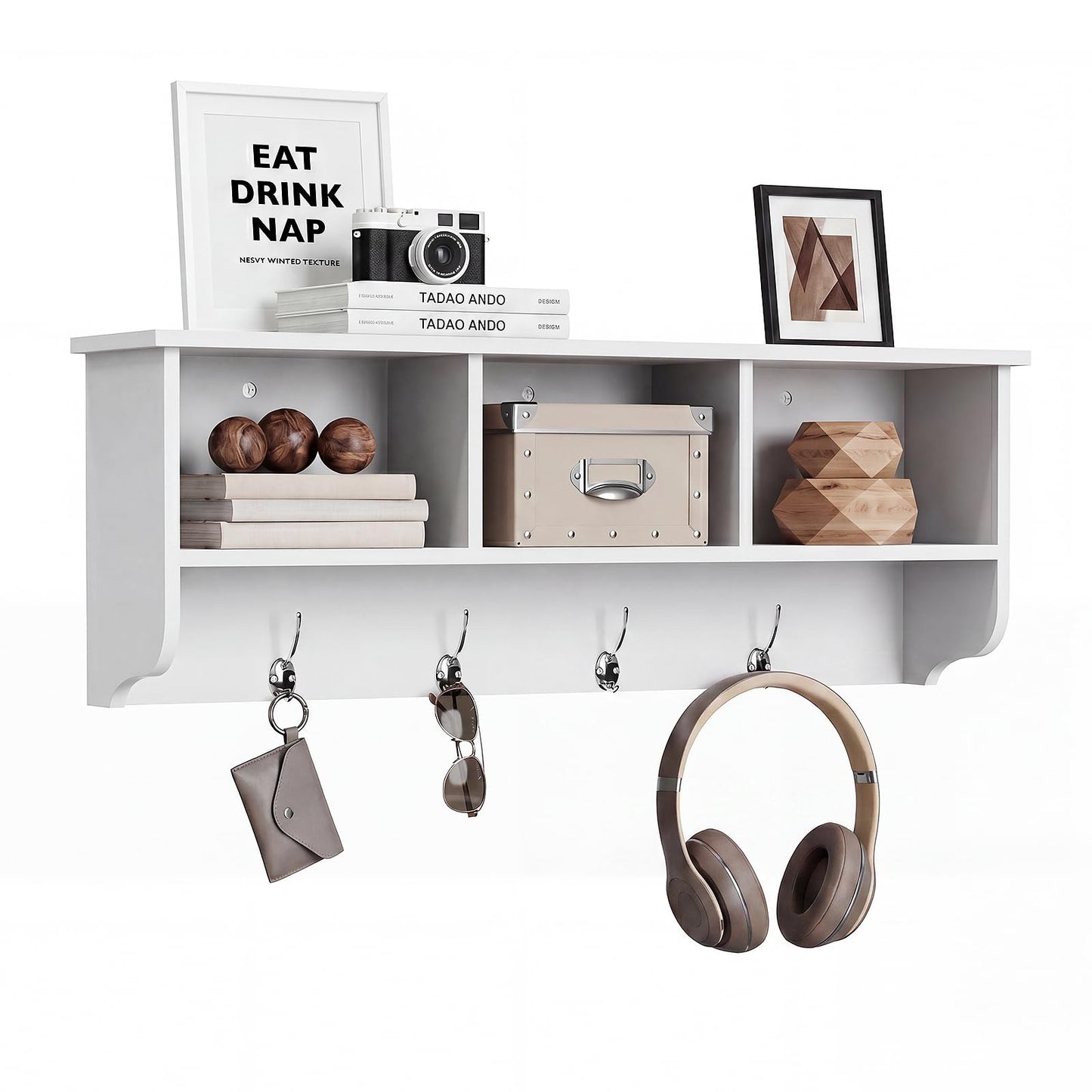 TUNGTAR 38.6inch Wall Mounted Entryway wooden Coat Rack with Storage Shelf 4 Dual Hooks Wooden Storage Living Room Wall Cabinet with 3 Cubbies Space Saving Hanging Shelf for Hats Bags Coats (White)
