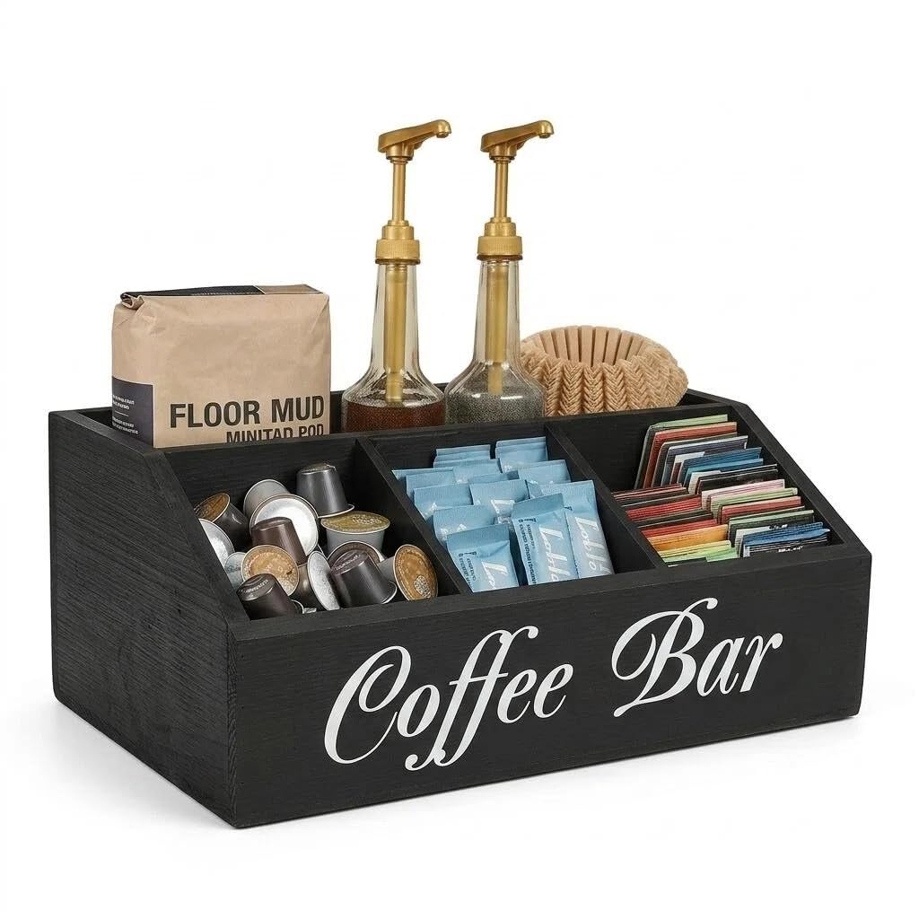 SHAXIXI Coffee Station Organizer - Double Layer with Drawers, Country Style Coffee Bar Organizer, Farmhouse Coffee Capsule Storage Basket, Natural Solid Wood Material, 12.6 x 8.5 x 5.2 inches