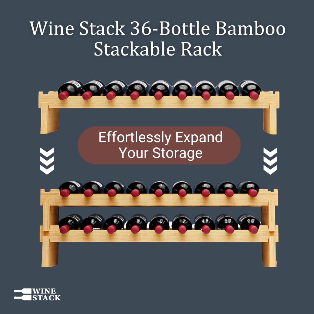 Wine Stack 36 Bottle Bamboo Stackable Freestanding Wine Rack, No Tools Assembly, Durable, Wine and Liquor Bottle Storage for Small Spaces