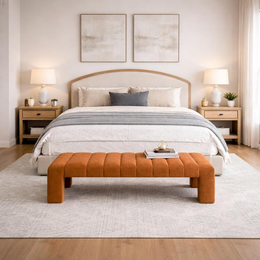 Christopher Knight Home Delan Boucle Upholstered Ottoman Bench, Wooden Entryway Bench, Long Sofa Footstool for Living Room, Bedroom End of Bed Bench, Orange