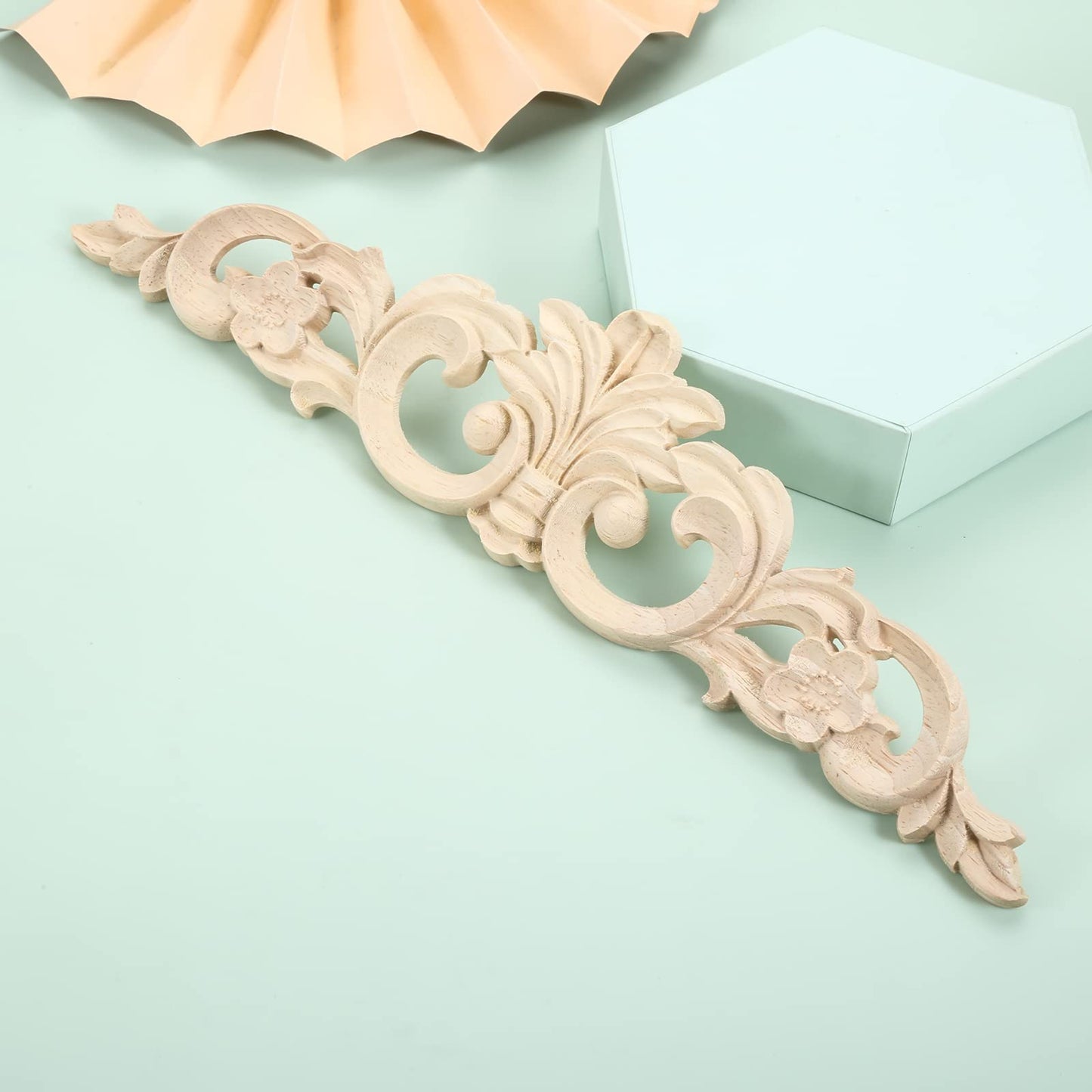 MUXSAM Carved Wood Appliques Onlays, Long Wooden Decals Trim Molding Rosette Inlays for Door Wall Mantel Cabinet Door Dresser Closet Mirror Decoration Furniture Transfer(2-Pack, 40x9cm/15.8"x3.6")