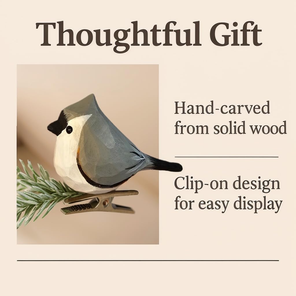 WOODEN ISLANDS Hand-Carved Wooden Bird Clip – Gray Tufted Titmouse Figurine, Handmade Ornament, Gift Boxed for Bird Lovers, Home Decor, Especially for You
