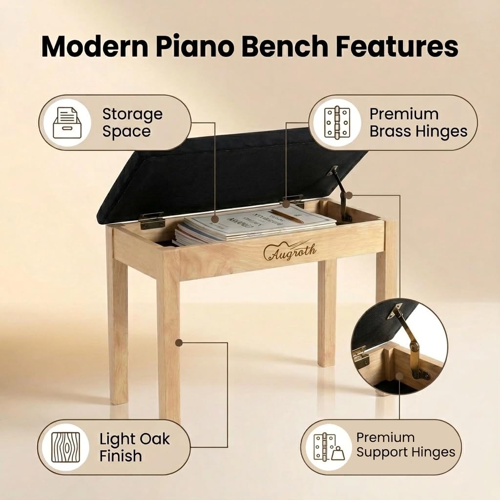Augioth Solid Wood Piano Stool, Beech Piano Bench with Storage, Non-Composite Wood Board Piano Bench, Solid Wooden Keyboard Bench Piano Bookcase Stool Chair（Burlywood）