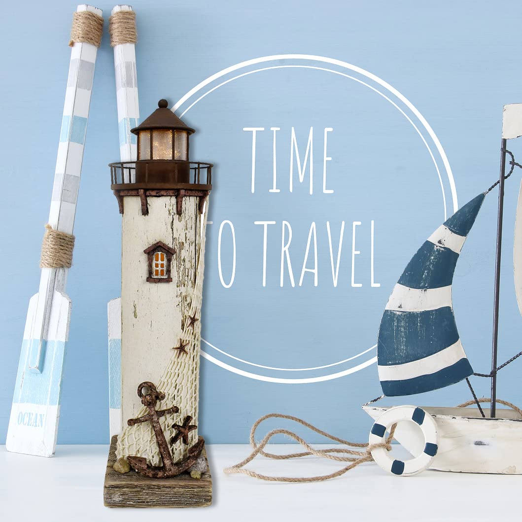 E-view Wooden Lighthouse Nautical Tabletop Figurine Beach Themed Ornaments with Starfish - Lighted Tower Light Wood Home Décor Party Decoration
