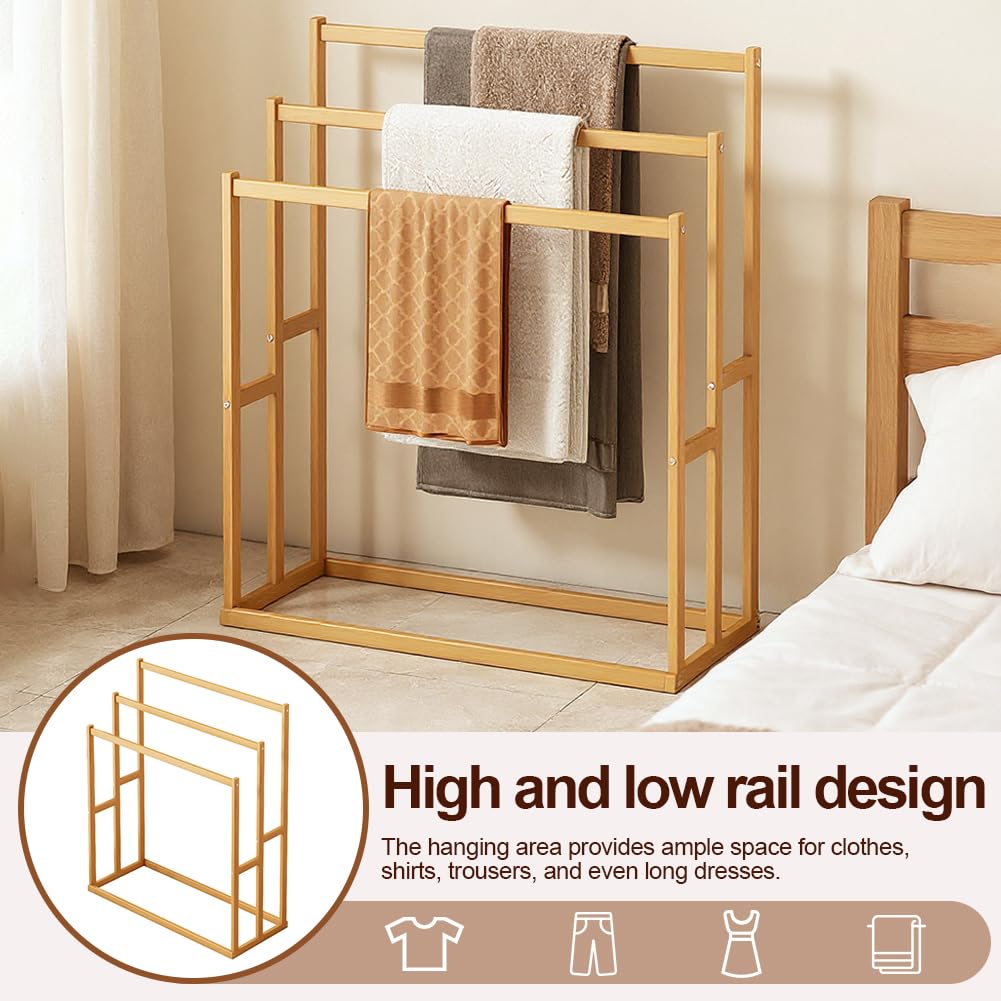 3-Tier Freestanding Towel Rack, Wooden Blanket Ladder with 3 Crossbars & Bottom Shelf, Rustic Brown Storage Stand for Bathroom Living Room Bedroom