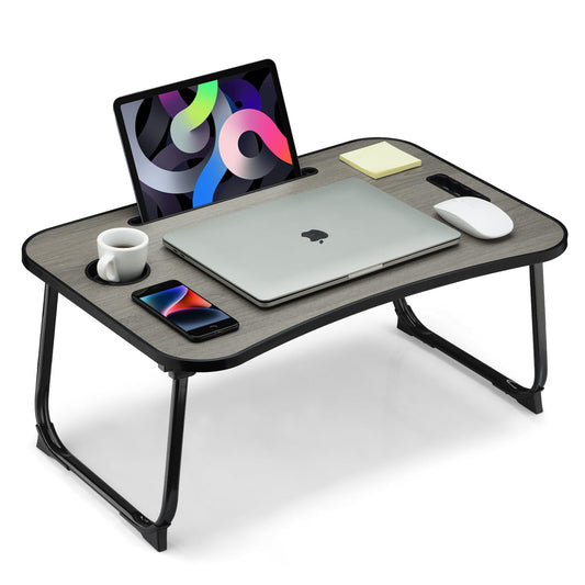 VIFOCAE Foldable Lap Desk, Laptop Bed Desk, Portable Lap Table, Laptop Bed Table with Cup Holder & Tablet Slot & Lifting Handle for Working Writing Drawing & Eating - Gray Wood