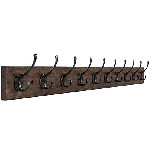 IBosins Wall Mounted Coat Rack,Vintage Wood Coat Rack, 34" Long with 10 Black Double Hooks Rail for Entryways, Bathrooms, Living Rooms to Hang Coat, Scarve, Hat,Key, Bag