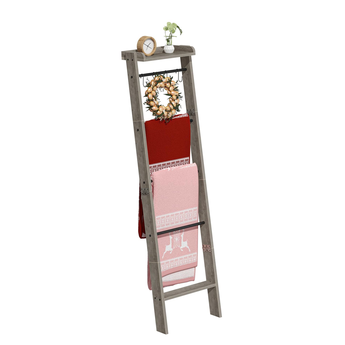 Hzuaneri Blanket Ladder Shelf, Decorative Quilt Rack, 6-Tier Farmhouse Ladder Holder Organizer with 4 Removable Hooks 7.9" D x 17.3" W x 63.4" H, Greige BR35805B