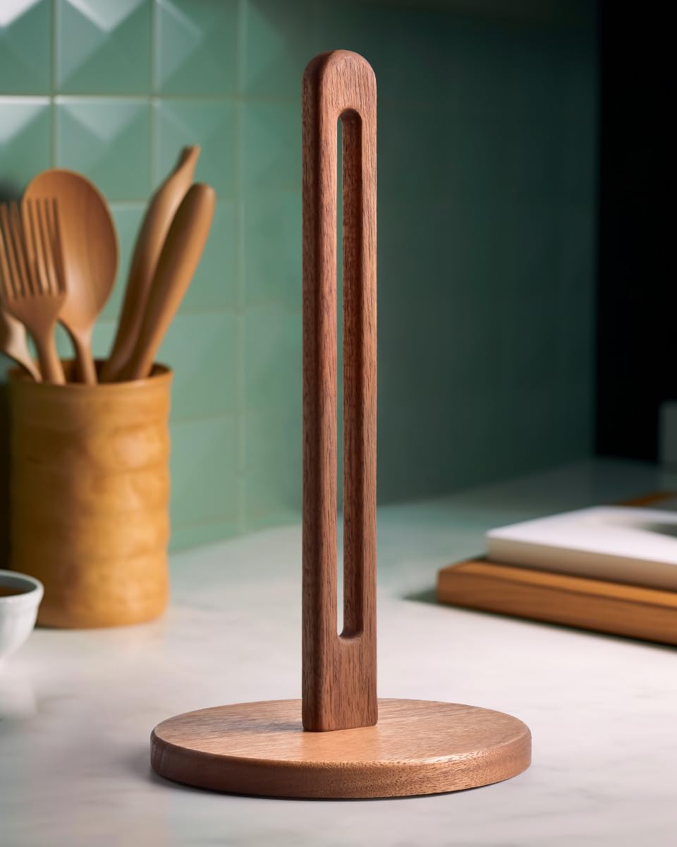 KitchLife Acacia Wooden Paper Towel Holder Countertop, 6.5" Jumbo Base, Fits Jumbo Rolls, Large Freestanding Dark Wood Paper Towel Stand Upgraded Dispenser Organizer with Non-Slip Base