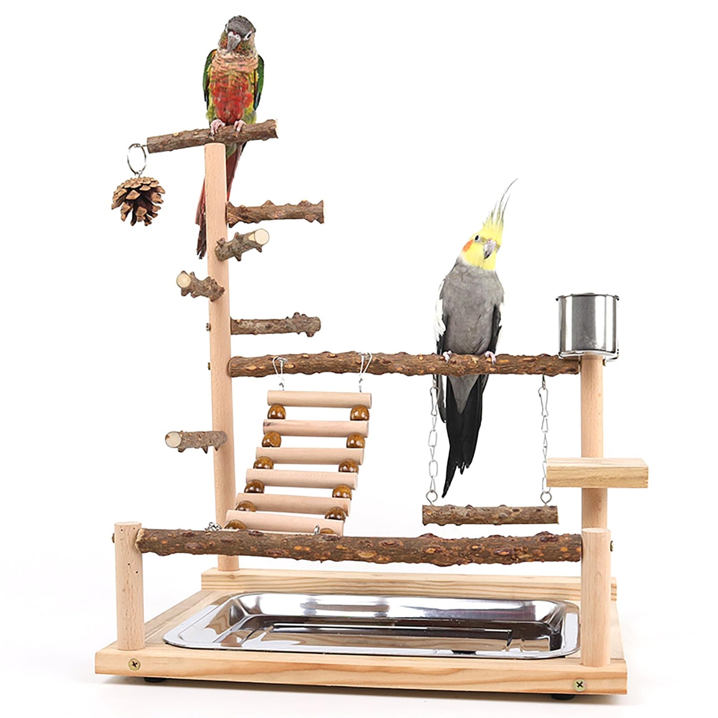 RoseFlower Bird Playground, Parrots Wooden Playstand, Birdcage Playground Play Gym Parakeet Playpen Ladder with Feeder Cup and Tray, Bird Toys Swing Exercise Toy