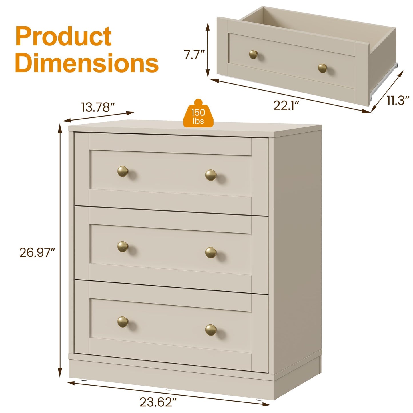 RoyalCraft Small 3 Drawer Dresser Set of 2, Beige Dresser for Bedroom, Wood Nightstand with Drawers, Modern Chest of Drawers for Closet, Living Room, Entryway