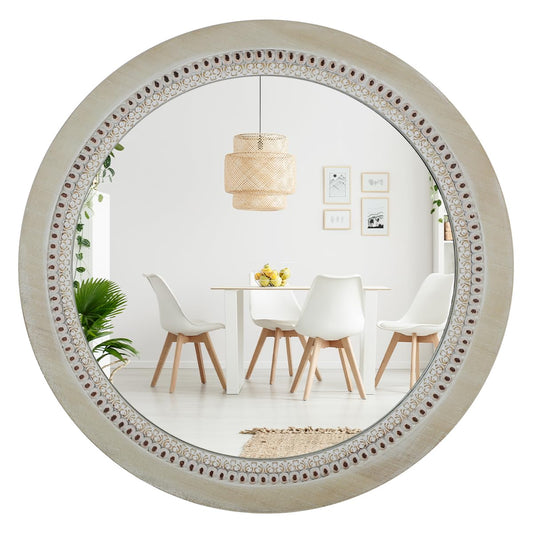 Round Decorative Mirrors for Farmhouse Wall Decor Round Wooden Frame Mirror With Beads, Rustic Large Bathroom Vanity Mirrors for Bathroom, Over Sink, Bedroom, Living Room, Entryway,Foyer (24''Lx24''W)