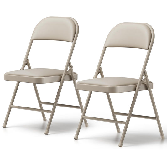 FurniEdge Padded Folding Chairs 2 Pack, PU Leather Folding Chairs for Outside and Indoor, Heavy Duty Portable Foldable Metal Chairs for Home Office, Dorm, Party, Backyard, Patio, Khaki
