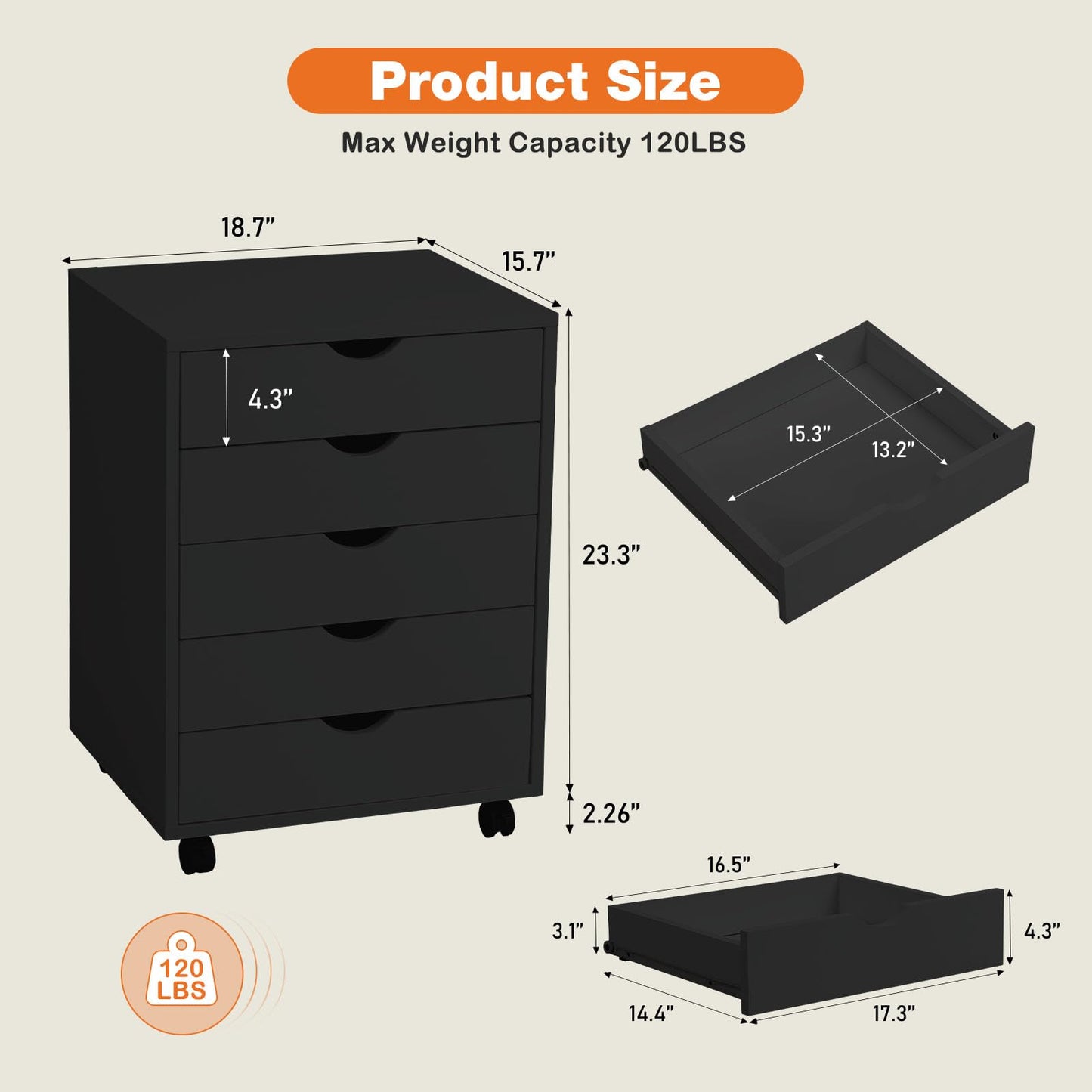 Elevon 5 Drawer Chest, Dressers Storage Cabinets Wooden Dresser Mobile Cabinet with Wheels Room Organizer, Small Drawers Wood Organization Furniture for Office, Home,Black