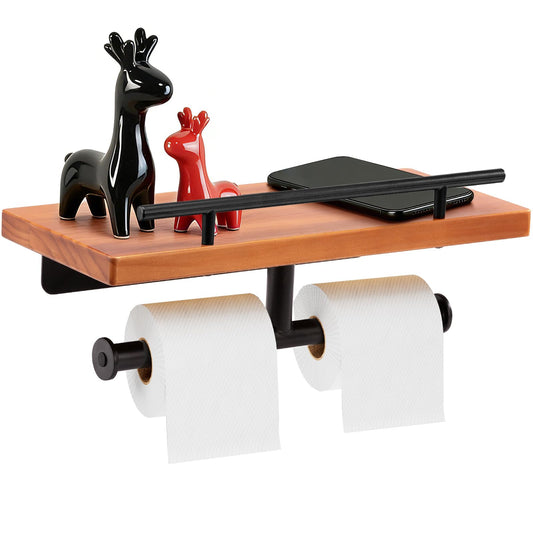 Toilet Paper Holder with Wood Shelf, Wall Mount Toilet Paper Roll Holder with Wooden Shelf and Matte Black Stainless Steel Pipe, Tissue Roll Holder for Bathroom Washroom (Light Brown, 13.8'' x 5.9'')